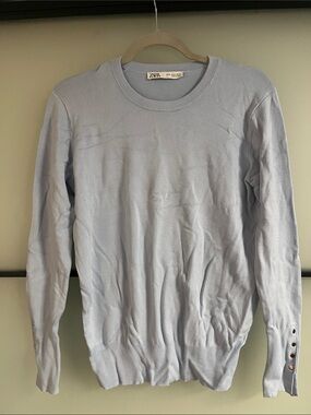 ZARA Pale Blue Stretchy Crewneck Sweater with Button Cuff Detail